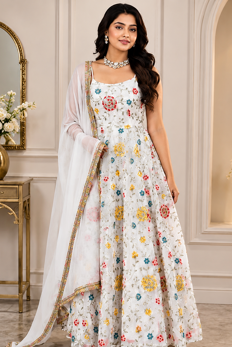Flora Design White Anarkali Set