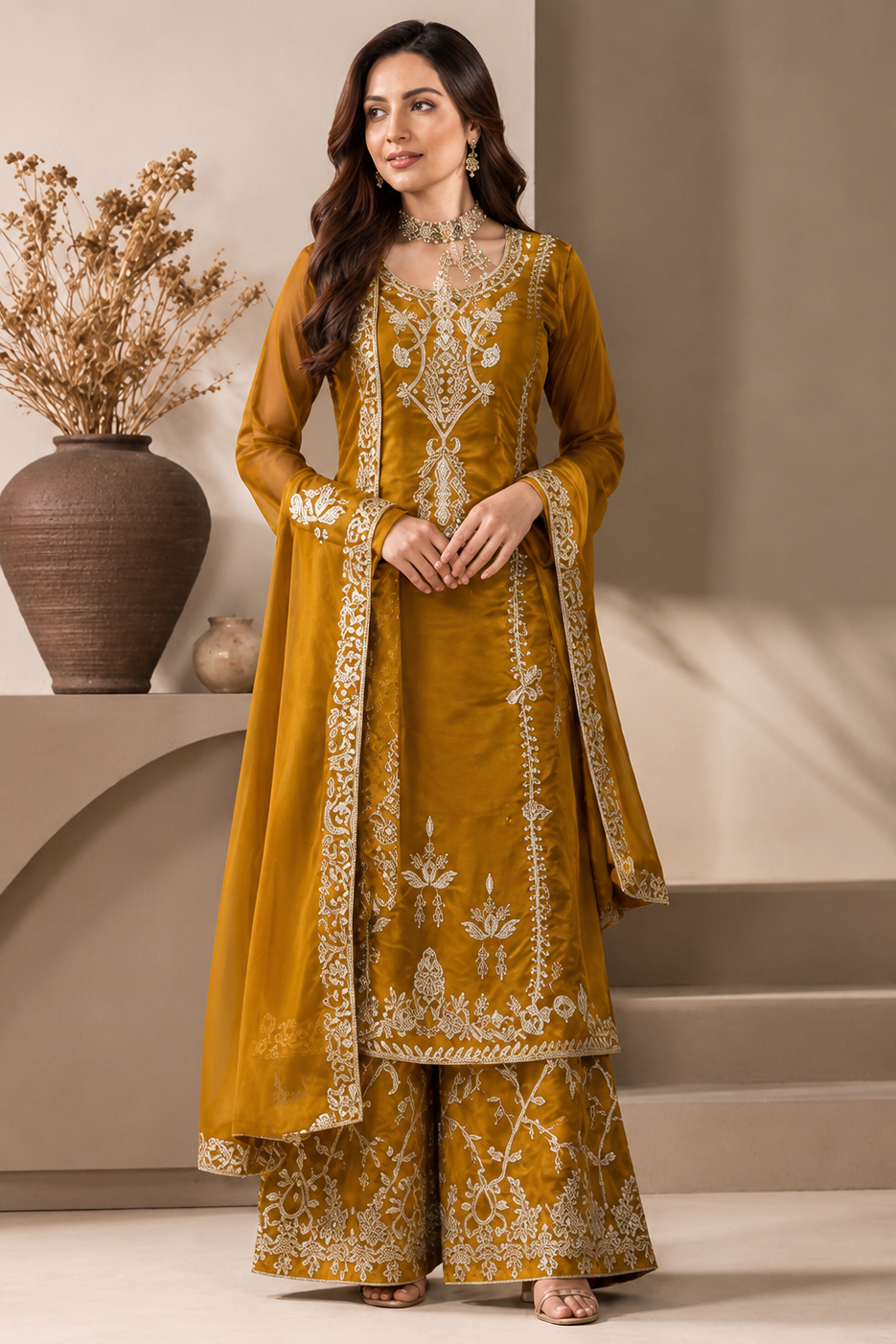 Mustard Yellow Silk Suit Set