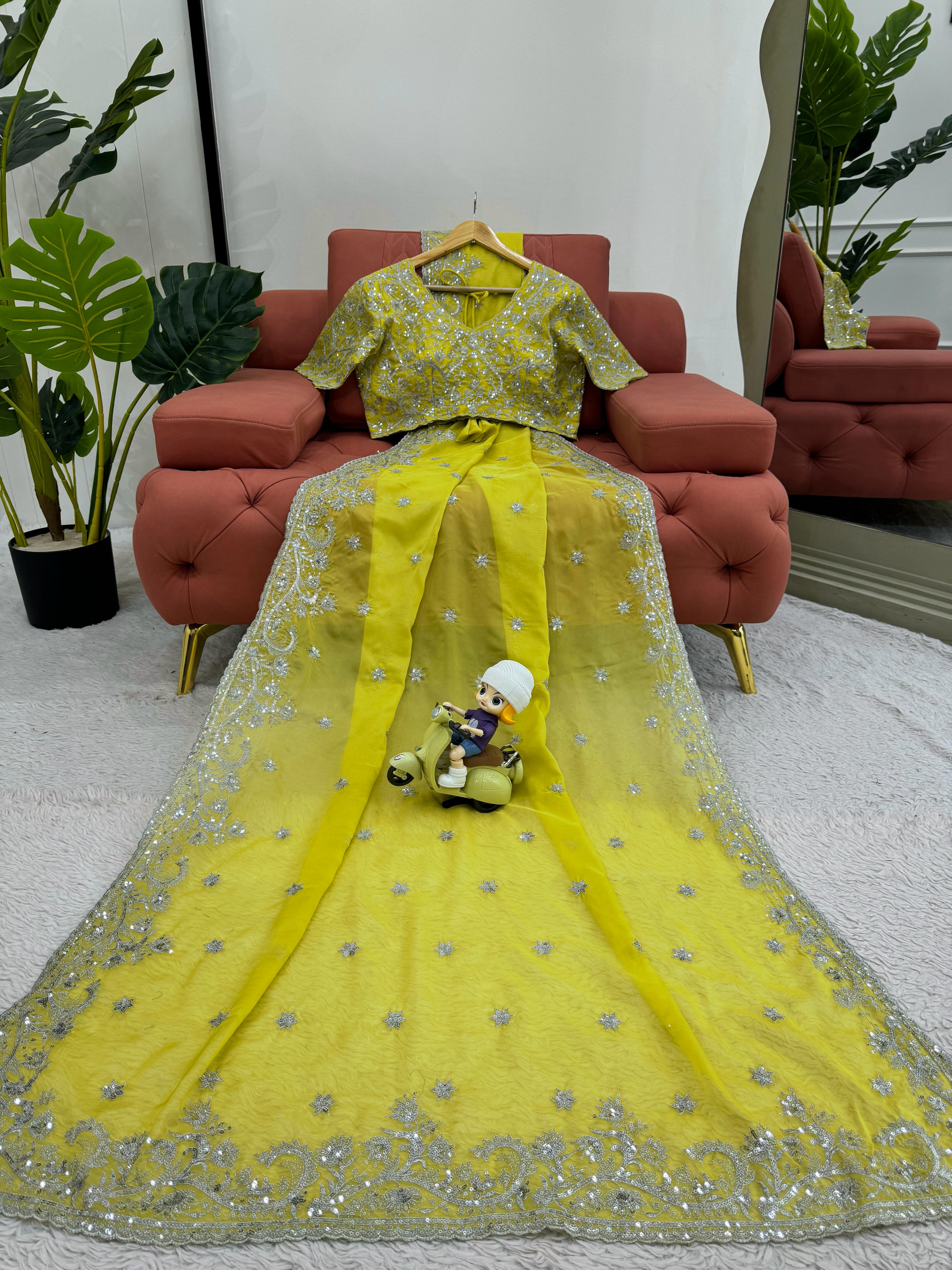 Yellow Silk Heavy Work Saree