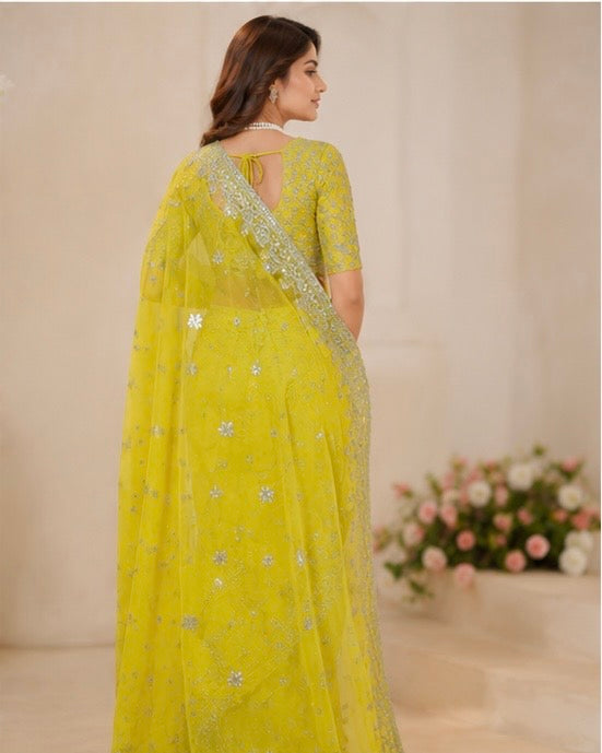 Yellow Silk Heavy Work Saree