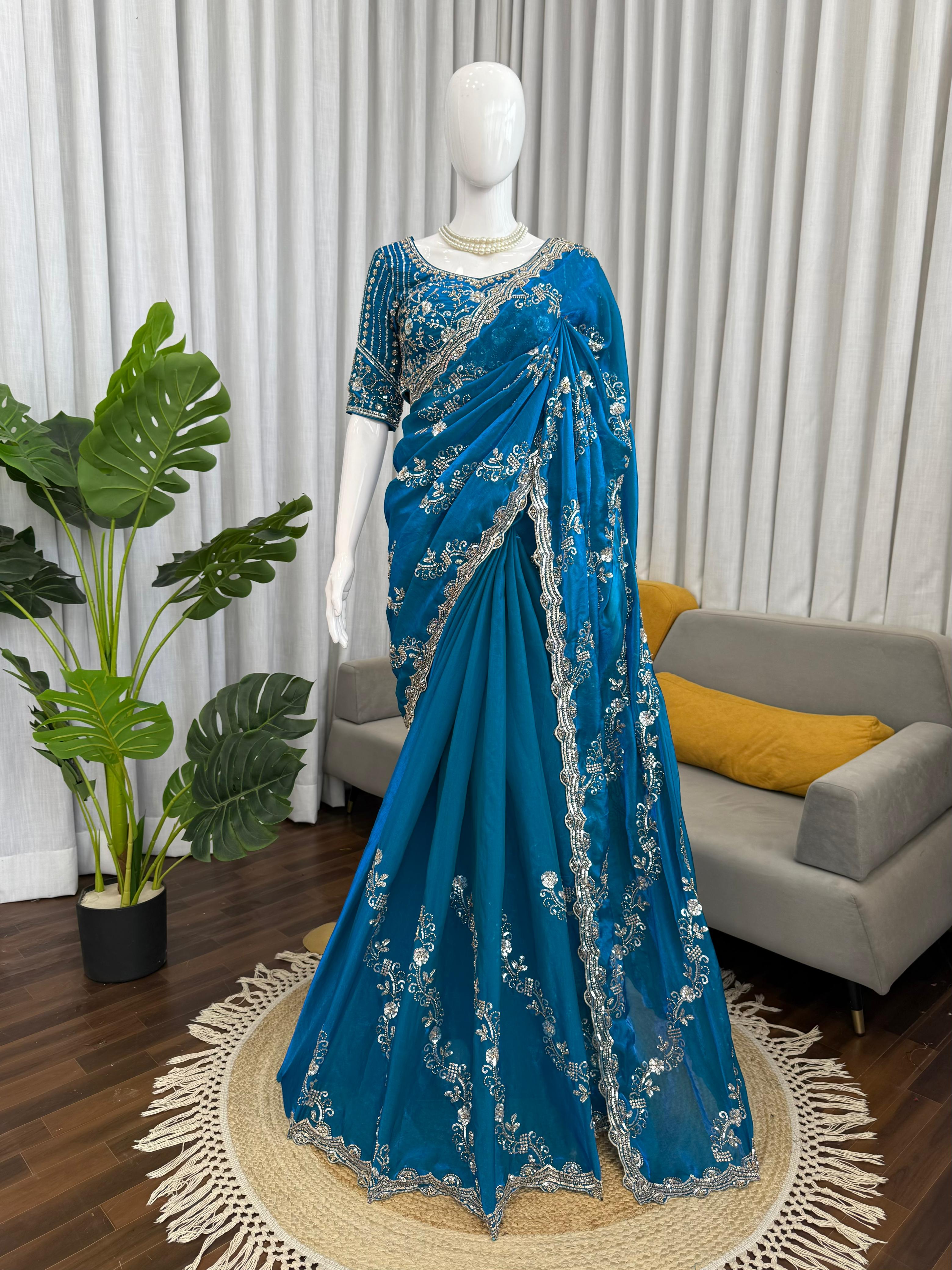 Blue Silk Heavy Work Saree