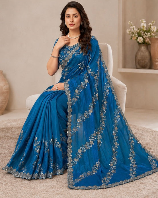 Blue Silk Heavy Work Saree