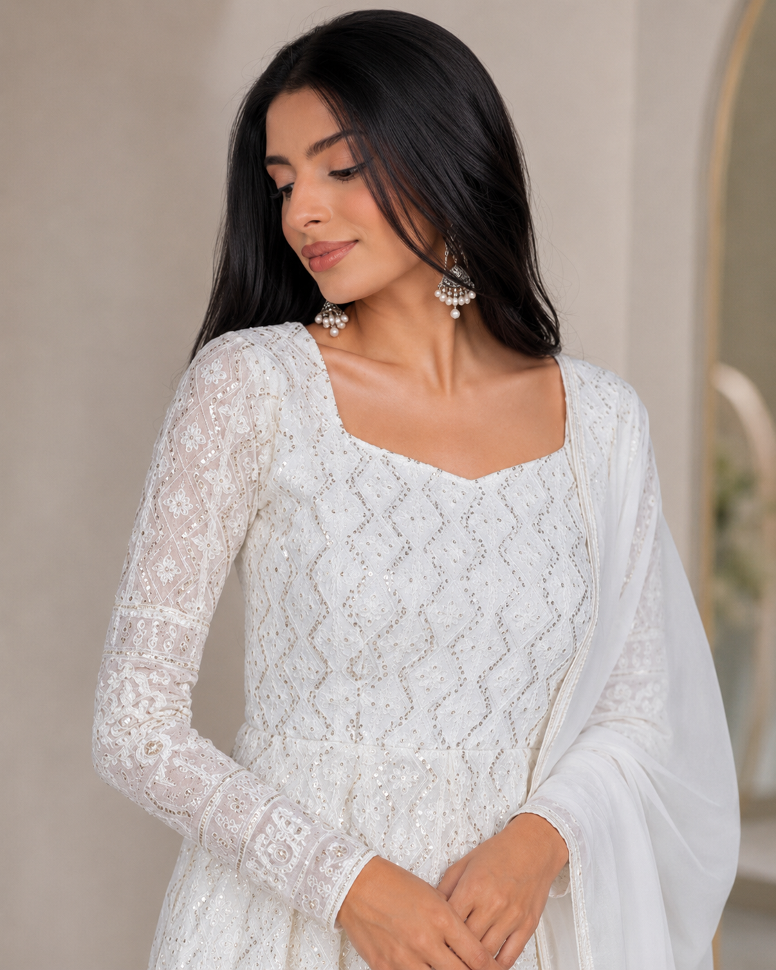 White Georgette Anarkali Set