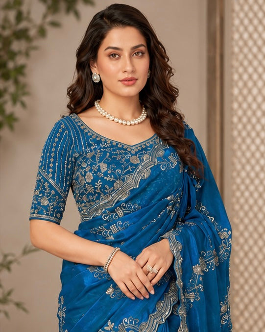 Blue Silk Heavy Work Saree