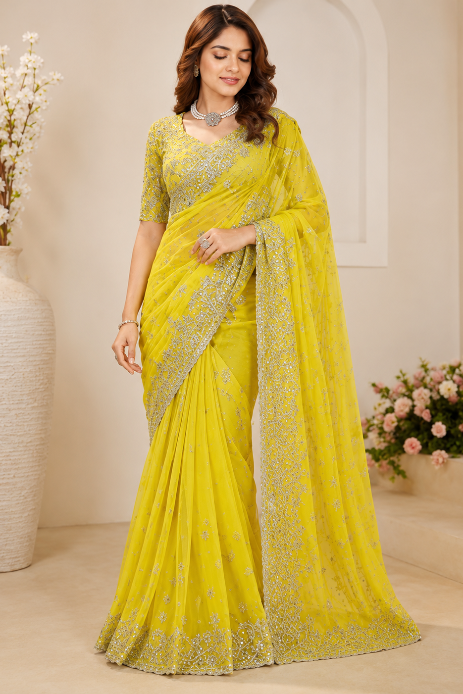 Yellow Silk Heavy Work Saree