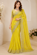 Yellow Silk Heavy Work Saree