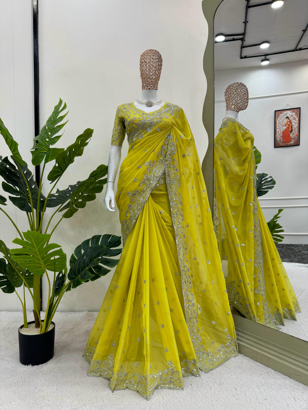 Yellow Silk Heavy Work Saree