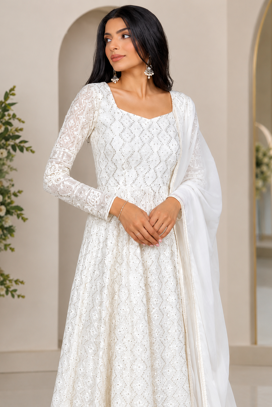 White Georgette Anarkali Set