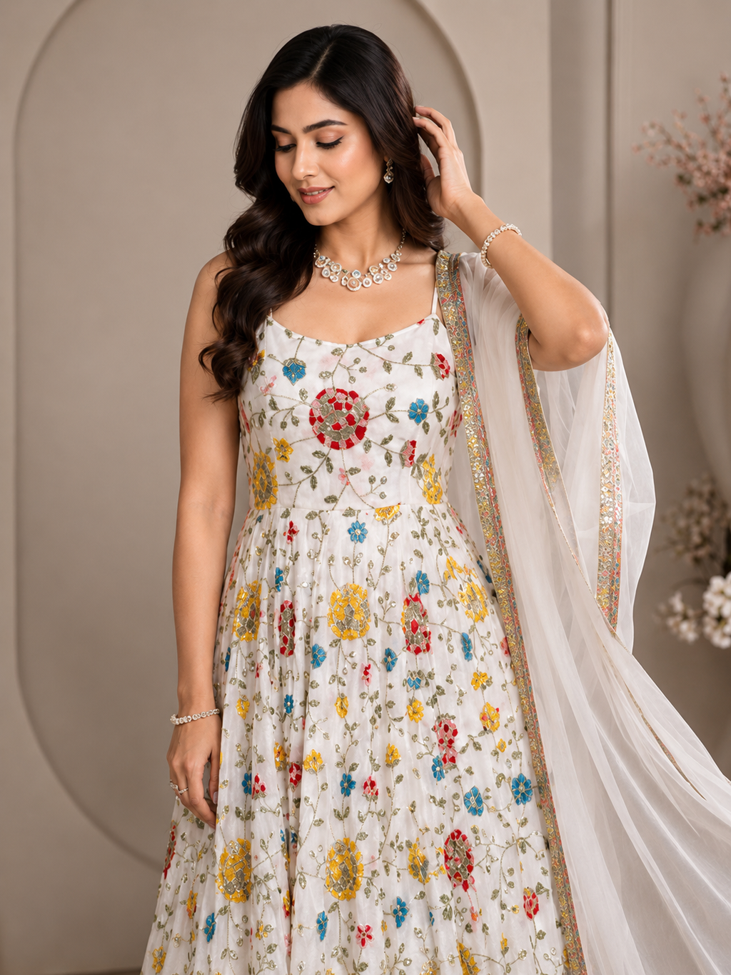Flora Design White Anarkali Set