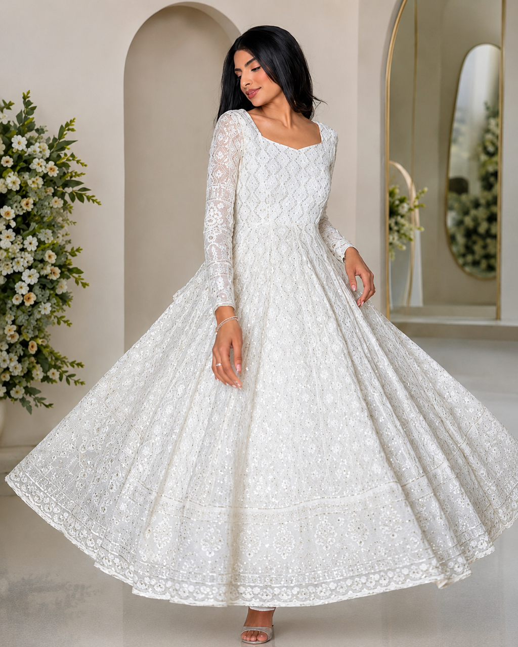 White Georgette Anarkali Set