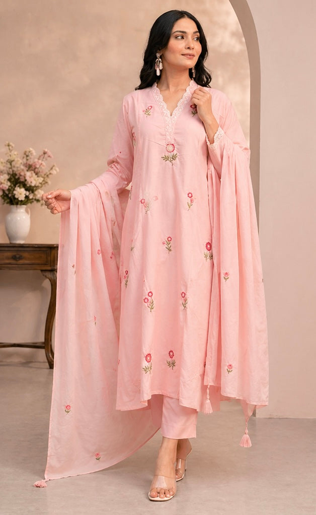Super-breathable Slub Cotton Embroidered Kurta