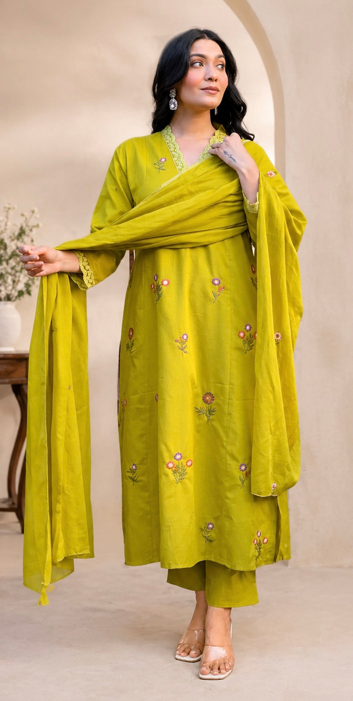 Super-breathable Slub Cotton Embroidered Kurta